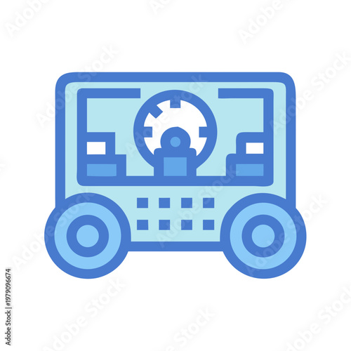 Blue icon illustration of a mechanical device on wheels against black backdrop