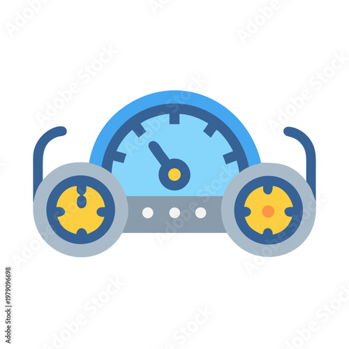 Stylized speedometer icon with retro wheels on a black background illustration
