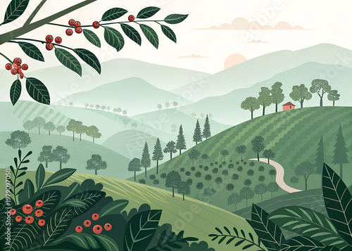 Coorg plantation in organic flat vector, coffee cherries, hills, morning mist, eco-tourism branding style