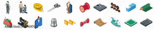Isometric Tailoring and Sewing Icons Collection Including Professional Tailors, Sewing Machine, Fabric, and Essential Garment Construction Tools for Fashion Designers.