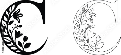 Floral letter C symbol with leaves and flowers designs