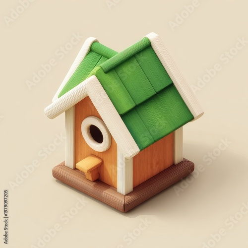 A whimsical, isometric, 3D-rendered birdhouse. It has a green roof and a wooden base