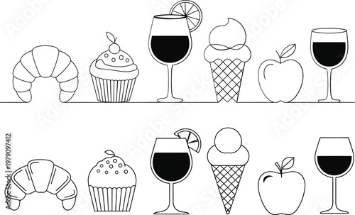 Black and white line drawing of food and drink icons on white background