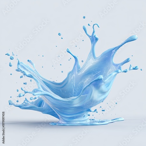 A dynamic, glossy, blue liquid splash with droplets on a plain white background