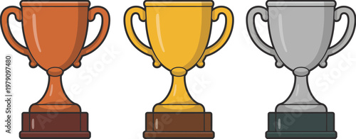 Trophies bronze gold silver standing row award winners podium achievement vector illustration isolated white background