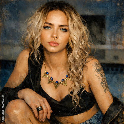 Oil portrait of a stylish tattooed woman.