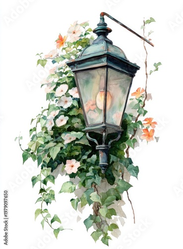 Watercolor illustration of a vintage lamp post surrounded by flowering vines, bright light