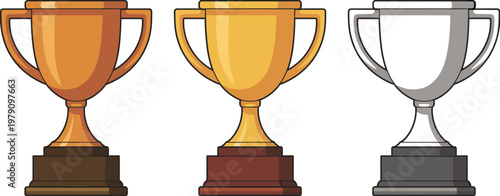Trophies bronze gold silver standing row award winners podium achievement vector illustration isolated white background