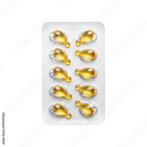 Blister pack with ten yellow cosmetic serum capsules for skin or hair care treatment isolated on white background