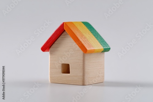 A wooden toy house with a vibrant rainbow-colored roof against a neutral background