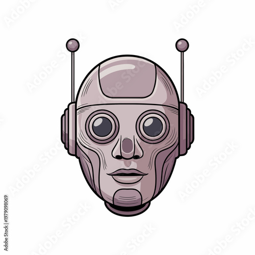 Futuristic robot head antenna humanoid cyborg face metallic tech mascot