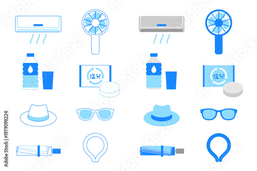 熱中症対策のアイコンセット ベクター素材 暑さ対策や塩分補給・予防啓発の線画と塗りイラスト