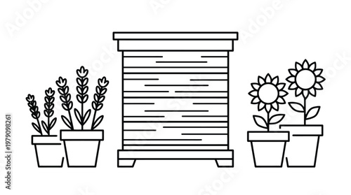 Beehive with potted plants nearby outside.