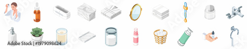 Isometric Collection of Skincare and Bathroom Icons Featuring Cosmetics, Beauty Products, and Furniture Elements for Self-Care and Wellness Design.