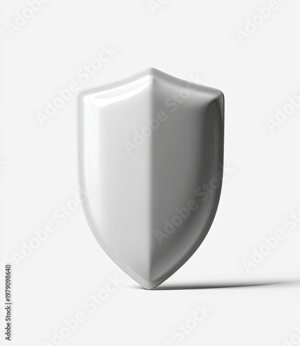 A glossy, white, 3D shield cast a shadow on a white surface, representing security