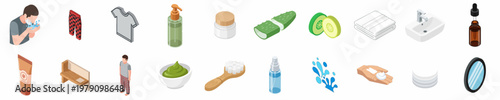A comprehensive set of isometric male skincare and bathroom grooming icons, including cosmetic products, natural ingredients, and personal care items.