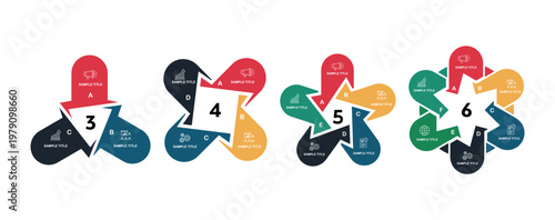 Circle infographic bundling package with 3, 4, 5, and 6 option steps for visual business report presentations. Circle infographic vector illustration editable