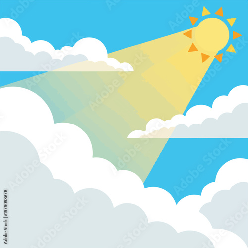 A sunny sky with white clouds and sunbeams