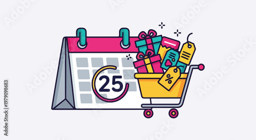 Shopping cart filled with gift boxes and price tags beside a calendar