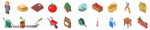 Isometric Gardening and Tomato Farming Icon Set Featuring Farmer, Greenhouse, Tools, and Fresh Produce on White Background