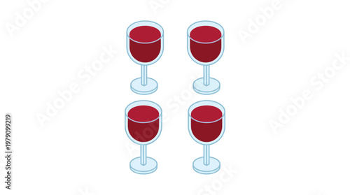 Four wine glasses with red wine.