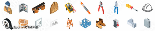 Collection of isometric icons for electrical installation and safety featuring an electrician, professional tools, wiring components, and protective gear.