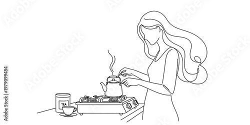 A simple line drawing of a woman with long hair preparing a hot kettle of tea on a kitchen stove