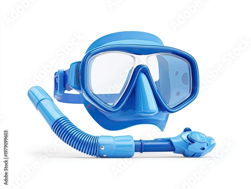 A blue diving mask and snorkel set, isolated on a white background