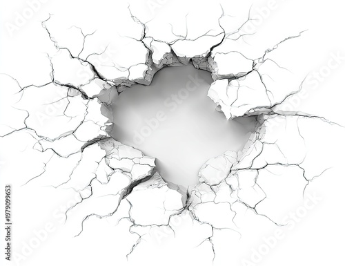 3D rendered graphic of a white surface cracked outwards, creating a central void