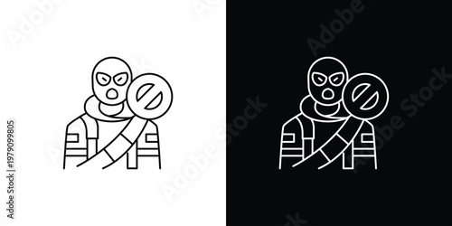Icon illustration of a masked person holding a forbidden symbol against a dark and light background
