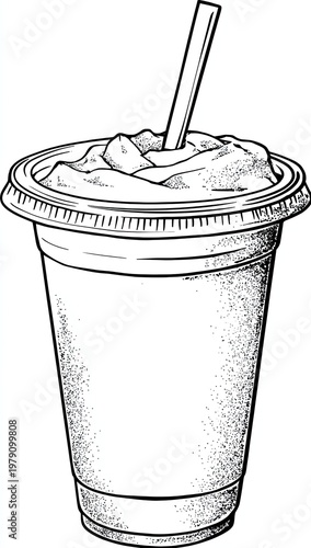 Pen and ink drawing of a frothy, topped beverage in a clear plastic cup with a straw