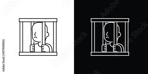 Minimalist Line Art Icon Illustrating a Person Trapped Behind Prison Bars, Symbolizing Imprisonment, Confinement, and Restriction of Freedom with a Clean, Modern Design