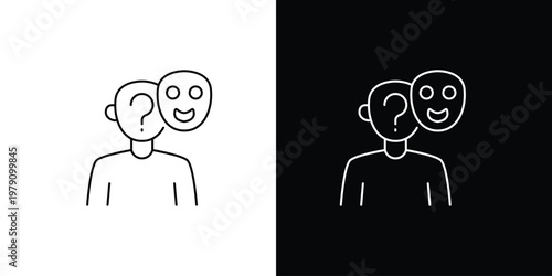 Minimalist line art icon illustration exploring identity dilemmas, hidden emotions, and the concept of a masked persona or true self beneath a facade