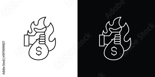 Money Bag on Fire Icon - Symbolizing Financial Loss, Bankruptcy, or Economic Crisis
