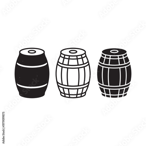Three wooden barrels in a row black and white graphic illustration