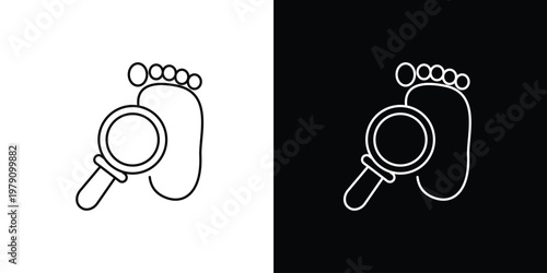 Single icon of conceptual vector graphic illustrating a bare human foot undergoing inspection with a magnifying glass, symbolizing thorough podiatric health check and diagnosis for wellness