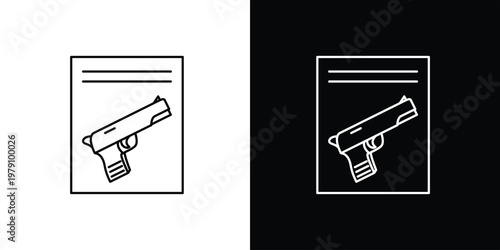 Single icon of stylized graphic depicting a handgun secured within a transparent evidence bag, symbolizing crime investigation, forensic analysis, and legal procedures