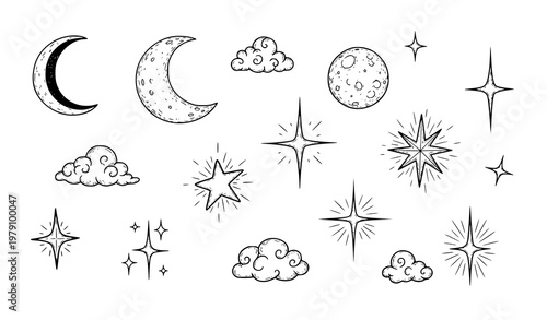 Doodle moon and stars vector hand drawn night sky elements dreamy celestial set isolated on white background