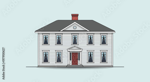 A two-story gray house with a red door and chimney