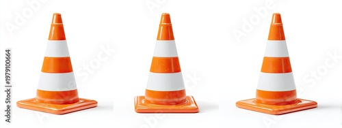Three orange and white traffic cones, each with a square base, isolated on a white background