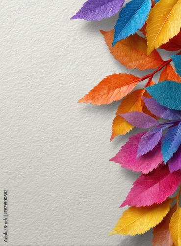 A vibrant array of colorful leaves cascade down the right side, against a textured white background
