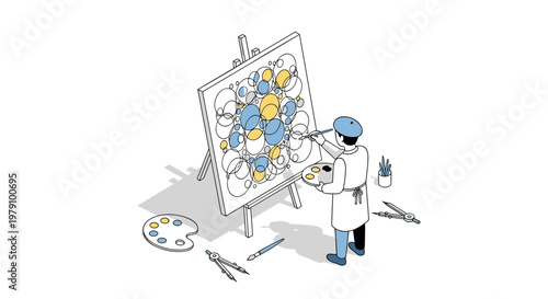 Scientist painting a colorful molecular structure.