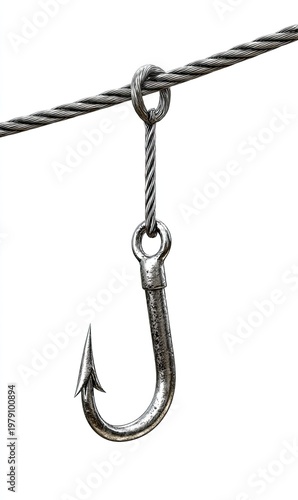 Close-up of a steel fishing hook, suspended from a wire cable, isolated on white