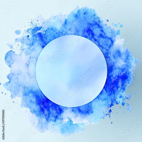 Watercolor splatters surround a pale blue circle, creating an abstract, artistic design