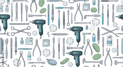Dental Tools Seamless Pattern: Dentist Equipment, Medical Instruments, and Hygiene Background
