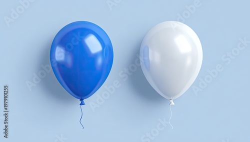 Two glossy balloons, blue and white, suspended against a light blue backdrop