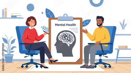 Mental health therapy session with psychologist and patient discussing emotional wellbeing counseling support and psychological care concept illustration