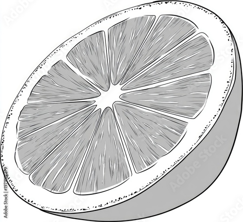 Monochrome illustration of a sliced citrus fruit, showing segments