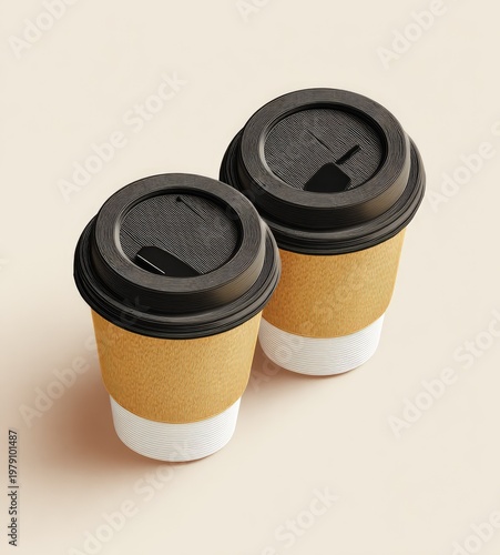 Two disposable coffee cups with black lids on a neutral background, angled view