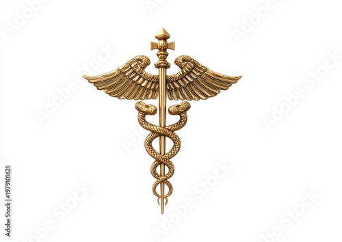 Golden caduceus symbol with snakes and wings, isolated on white background